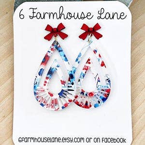 Patriotic floral Teardrop Earrings: 4th of July Red White and Blue