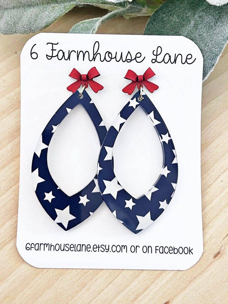 Patriotic star Teardrop Earrings: 4th of July Red White and Blue