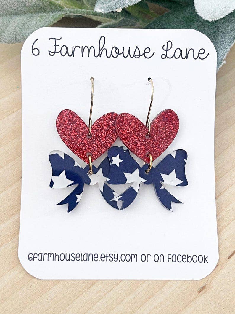 Patriotic star and bow Earrings: 4th of July Red White and Blue