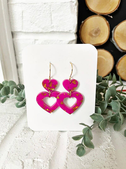Glitter Heart Earrings: Hot Pink & Gold Confetti, Stainless Hooks