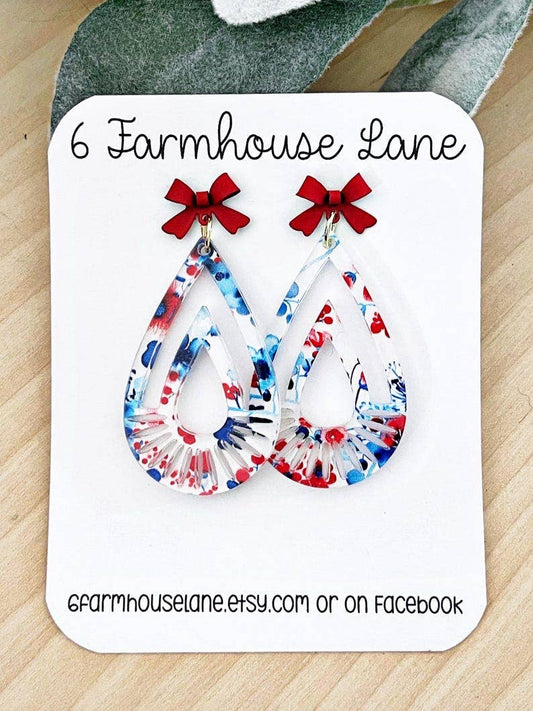 Patriotic floral Teardrop Earrings: 4th of July Red White and Blue