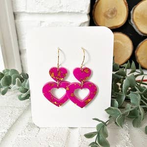 Glitter Heart Earrings: Hot Pink & Gold Confetti, Stainless Hooks