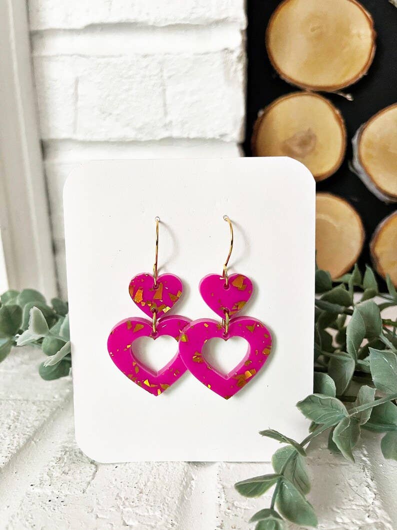 Glitter Heart Earrings: Hot Pink & Gold Confetti, Stainless Hooks